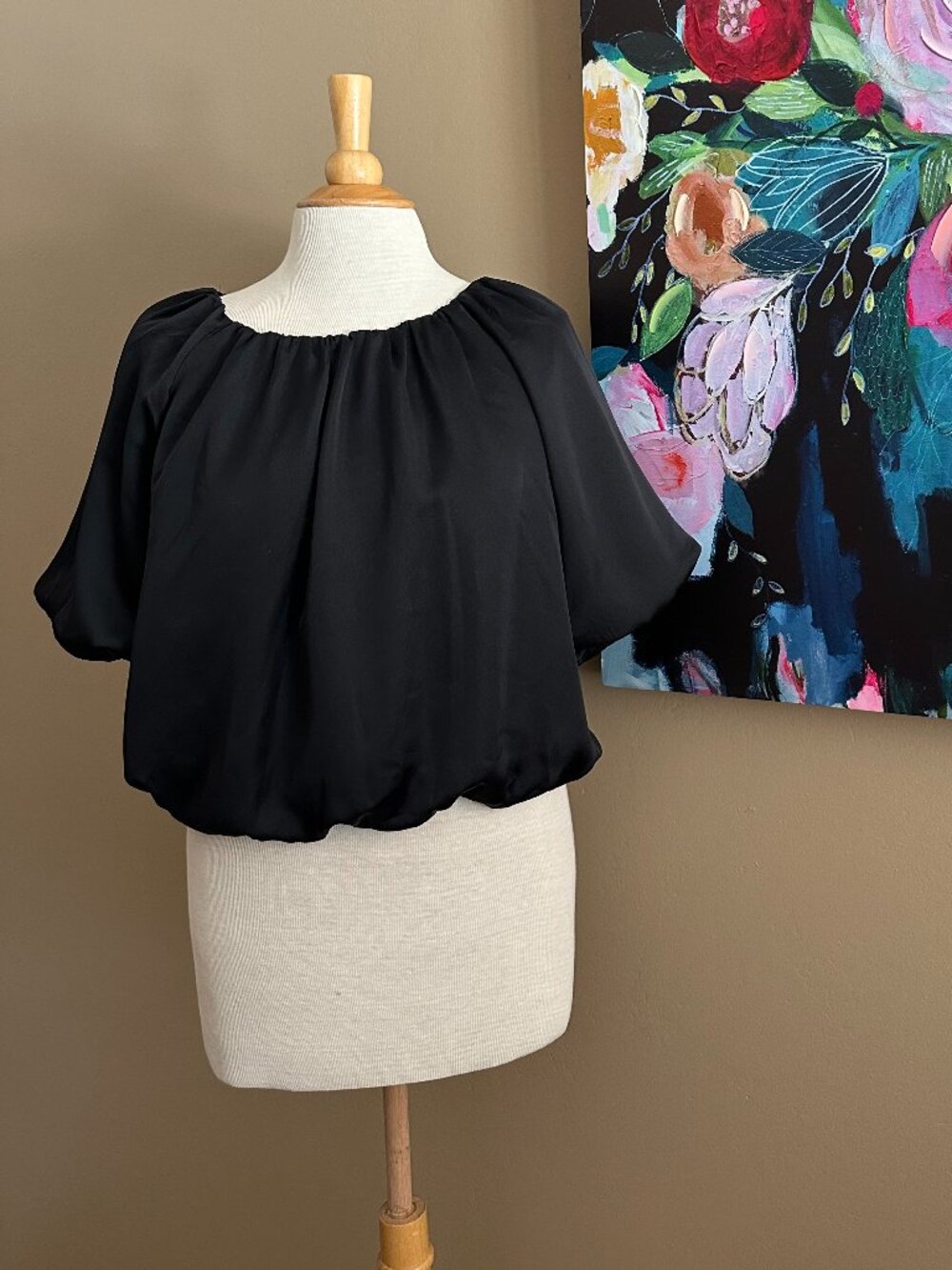 Ann Taylor NWT Black Off Shoulder Bubble Hem Blouse Large Peasant Top
